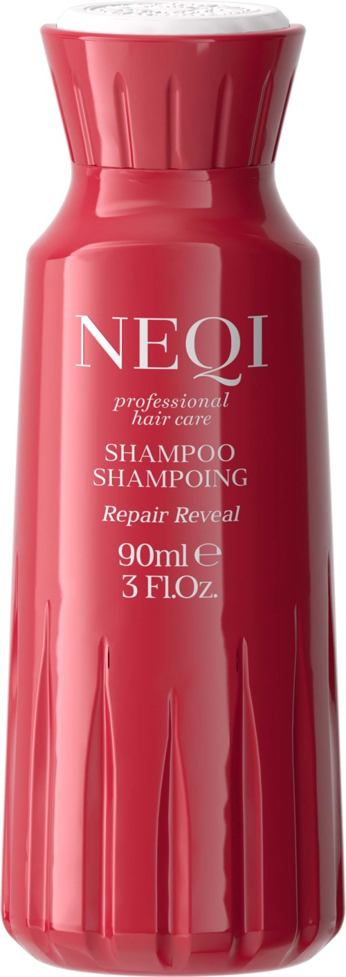 Rote Flasche mit Neoi Shampoo mit weißem Text, für Haarreparatur.