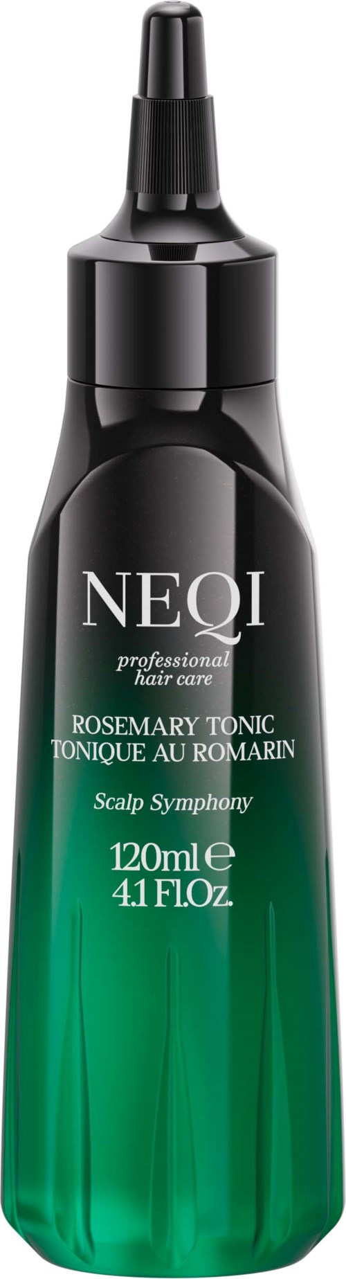 Een groene en zwarte fles met NEQI Rozemarijn Toner voor de hoofdhuid, 120ml.