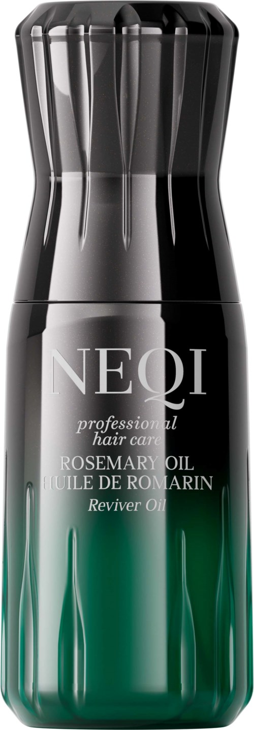 Een slanke, zwarte en groene fles met NEQI en rozemarijnolie voor haarverzorging.