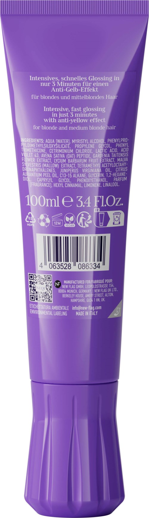 Een paarse tube met tekst over haarglossing, 100ml inhoud, en verschillende symbolen en barcode aan de achterkant.