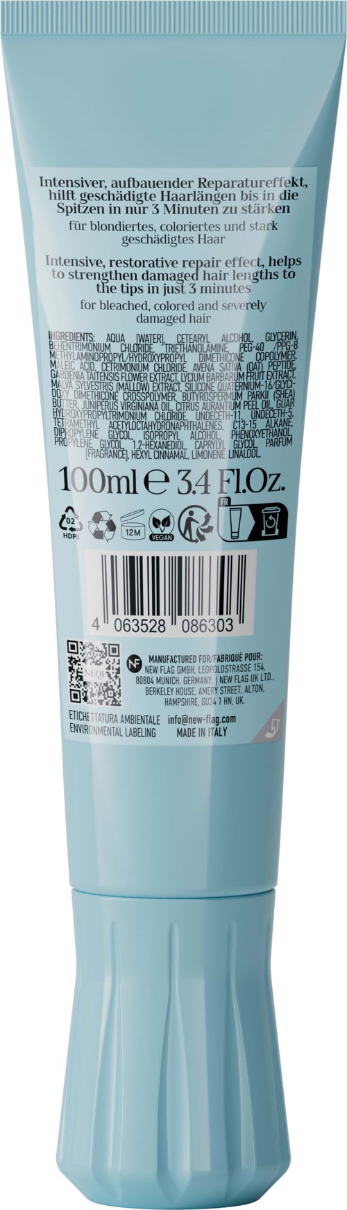 Een lichtblauwe tube met een zilveren dop en een label met tekst, QR-code en symbolen, waarschijnlijk voor huidverzorging of zalf.