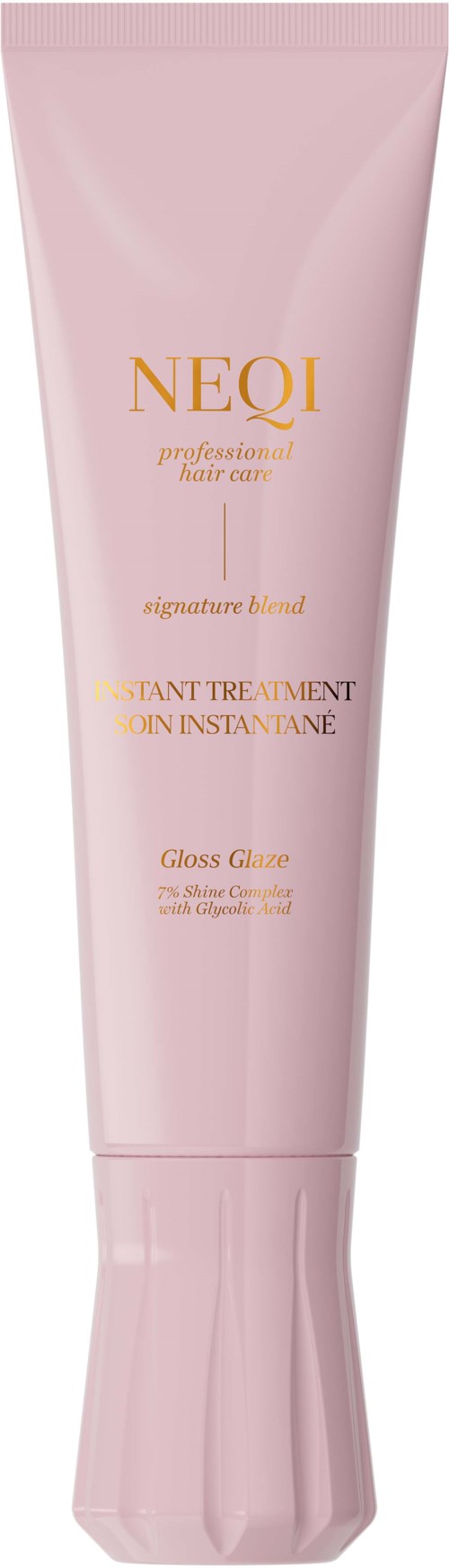 Roze tube met NEQI haarbehandeling met goud en roze tekst, gemarkeerd als gloss glans voor directe glans.