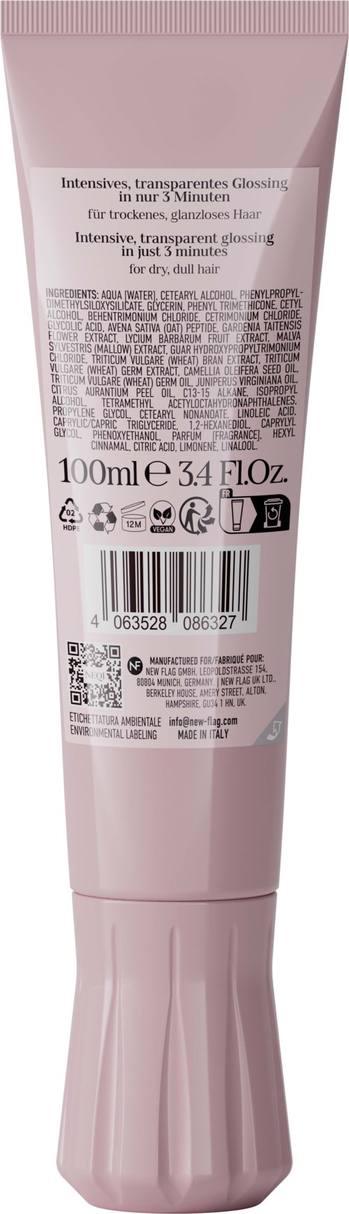 Een roze haarverzorgingsfles met tekst, barcodes en symbolen op de achterkant. Het bevat 100 ml of 3,4 fl oz.