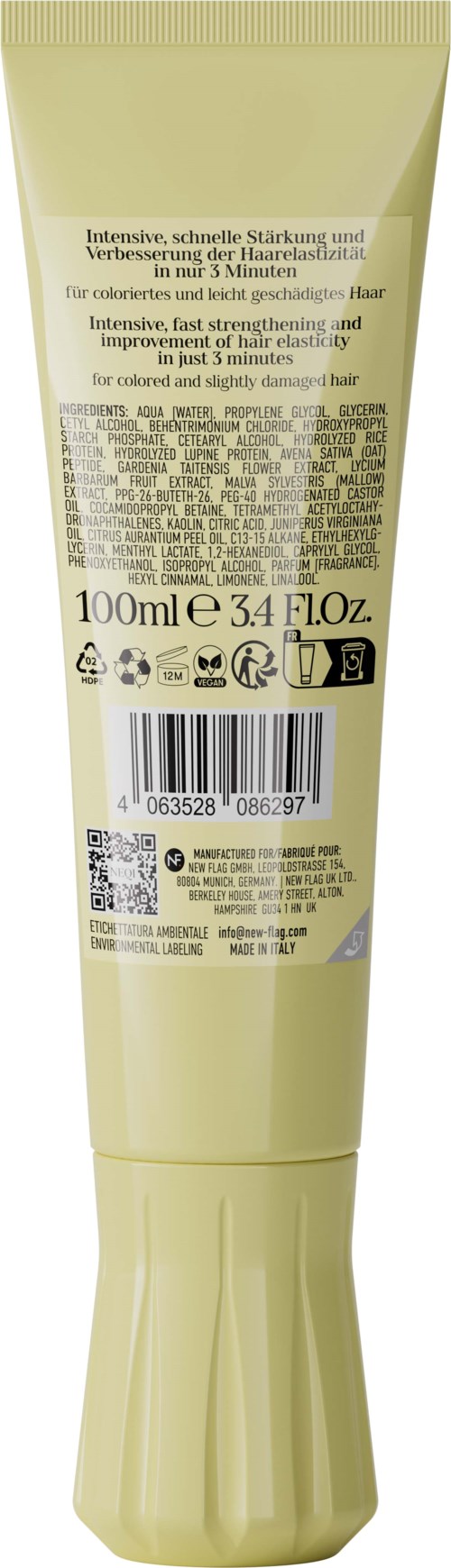 Een lotiontube met tekst, symbolen en barcode, grotendeels geel met deksel onderaan.