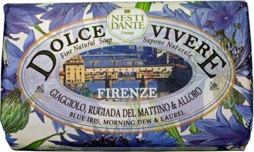 Bar of soap with image of Florence, blue flowers, and product name in Italian.