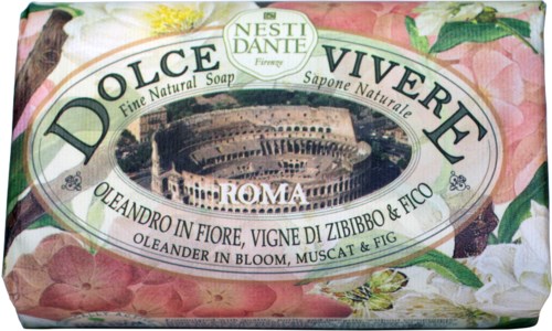 Soap package with floral design, showing an ancient Roman amphitheater and mentioning ingredients like lemon, musk, and fig.