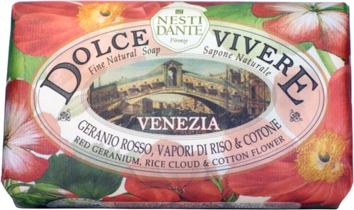 Soap with red geranium, rice cloud, and cotton flower scent, called Venezia, from Nesti Dante, Italy.