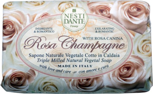 Zeep met roze en witte rozen, genaamd Rosa Champagne, gemaakt in Italië, natuurlijke en romantische geur.