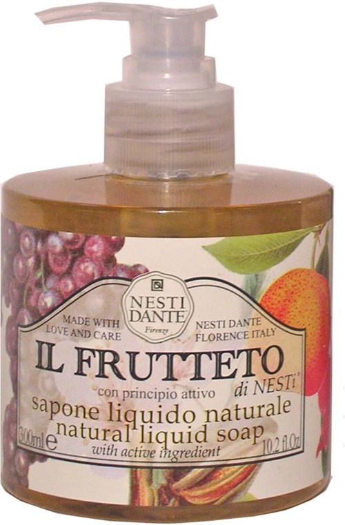 A bottle of natural liquid soap with a pump, label shows berries and an orange, brand Nesti Dante.