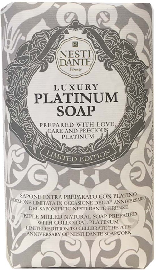 It's a soap box with decorative silver and white design, saying 'Nesti Dante Luxury Platinum Soap'.