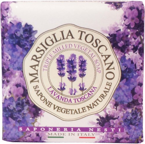 Herkistin, jossa on lila-kukkia ja etiketti Lavanda Toscana kasvosapusta Italiasta.