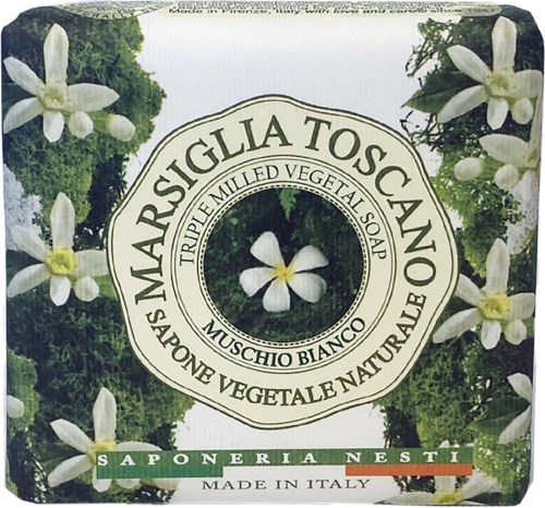 Soap with white flowers, green plants, and a central flower image. Contains Italian text and brand name.