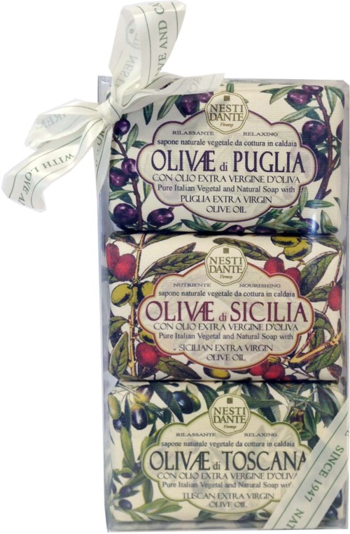 Three soap bars with olive and fruit illustrations, wrapped with white ribbon. Each has a label describing the flavor.