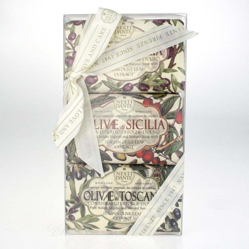 Box set of three soap bars with olive and cherry illustrations, tied with a cream-colored ribbon.
