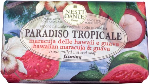 Kleurrijke zeepverpakking met afbeeldingen van tropische vruchten en een label met ingrediënten en naam.