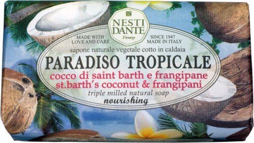 Soap with tropical coconut and frangipani scent, featuring coco da saint bath, and a colorful tropical background.