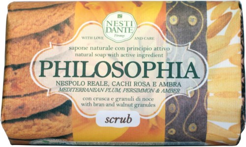 Natuurlijke zeep met Mediterrane pruim, kaneel, amber en walnootgranulaat, voor schrobben. Merk: Nesti Dante Philosophy.