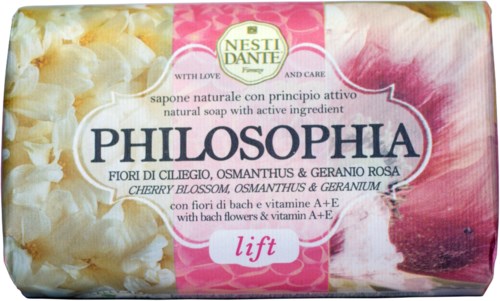 A soap box with pink and white flowers, labeled 'Philosophy' with cherry blossom and geranium, and mentions vitamin A+E.