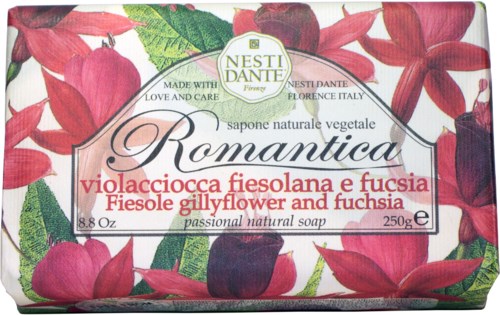 Natuurlijke zeep in bloemendeksel, met rode en roze bloemen, gemarkeerd als romantisch en gepassioneerd, 250g.