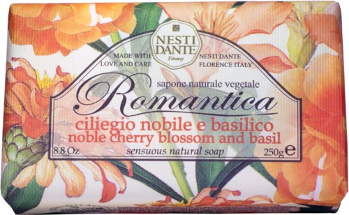 Een bloemenzeepdoos met afbeelding van kersenbloesem en basilicum, gemerkt als "Romantica" en "noble cherry blossom and basil."