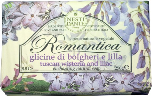 A box of natural soap with lavender and lilac flowers, labeled "Romantica," made in Italy, and containing 250g.