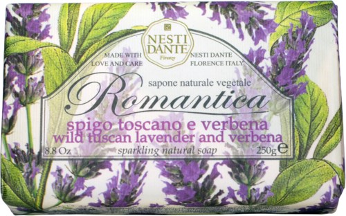 A soap box labeled 'Romantica' with lavender and verbena flowers on packaging. It is natural, floral, and Italian. Weighs 250g.
