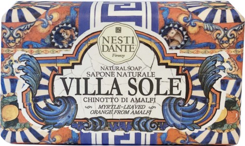 Käsisaippua, jossa värikkäitä yksityiskohtia ja aaltoja, nimeltä Villa Sole, appelsiini- ja myrttimaku.