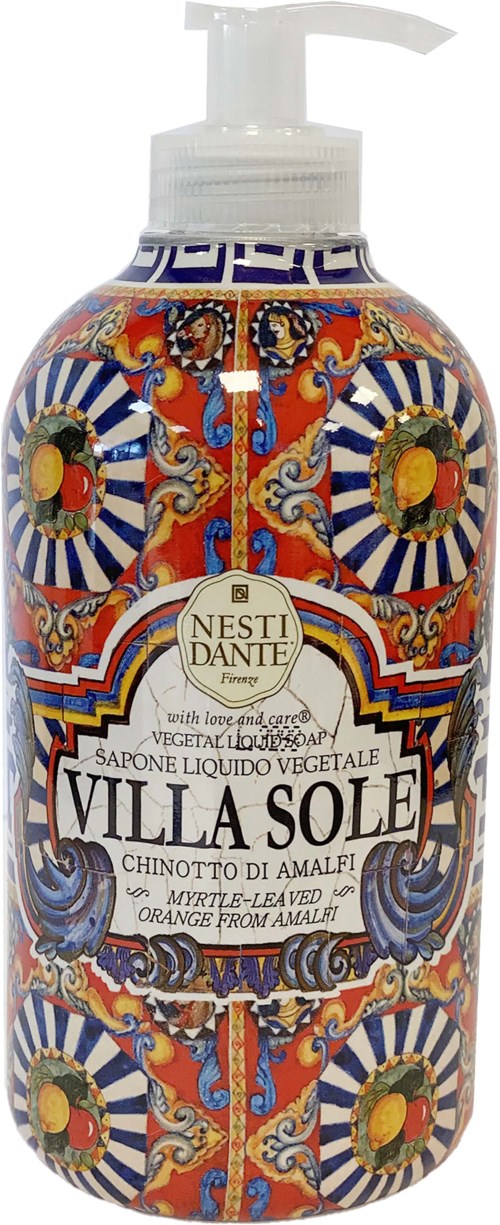 Värikäs nestesaippuapullo, jossa on mosaiikkimainen kuvio ja pumppupää. Tekstit 'Villa Sole' ja 'Nesti Dante'.