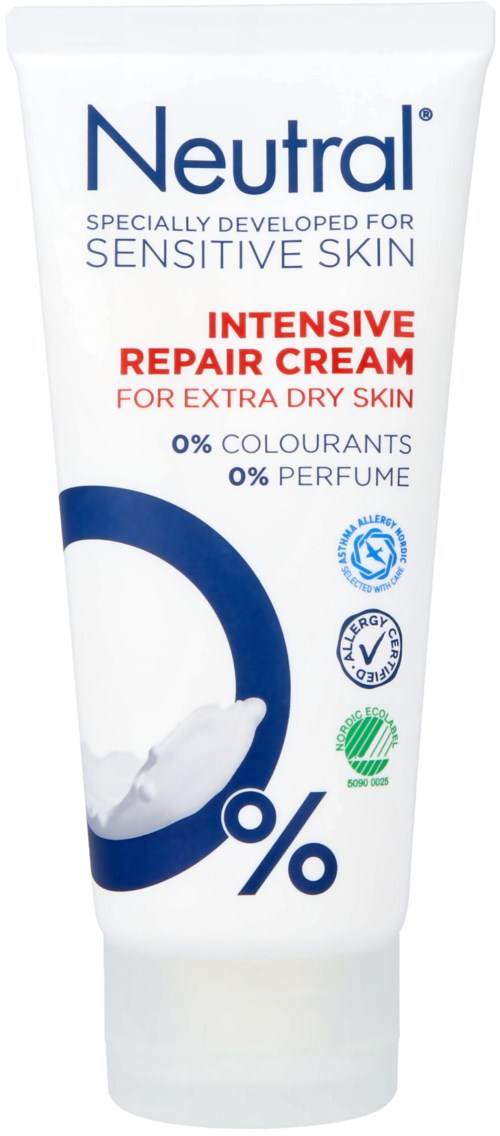 Biała tubka kremu do skóry z napisem 'Neutral Intensive Repair Cream' dla skóry wrażliwej, bardzo suchej, bez barwników i perfum.