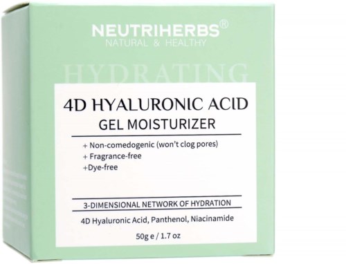 A light green box of Neutriherbs hydrating gel moisturizer with text, mentioning hyaluronic acid and its benefits.