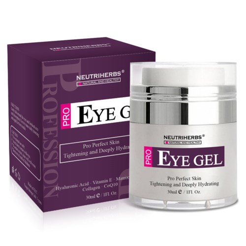 Eine lila Verpackung und ein klaarer Behälter mit weißem und silbernem Deckel, beschriftet 'Neutrherbs Pro Eye Gel' für Straffung und Feuchtigkeitsversorgung der Haut.