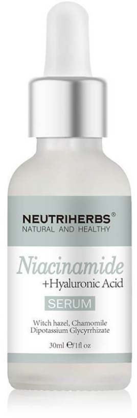 Eine weiße Tropfenflasche mit dem Label "Neutriterbs" und Inhaltsstoffen wie Hyaluronsäure und Kamille für Hautpflege.