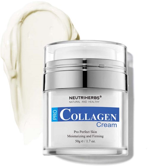 Ein Glas mit Kollagencreme und eine Portion Creme daneben. Das Etikett sagt "Neutriherbs Pro Collagen Cream."