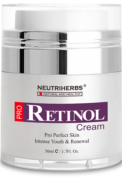 Ein Behälter mit Retinol-Creme, gekennzeichnet als Hautpflege für Jugend und Erneuerung, mit silberner Abdeckung.