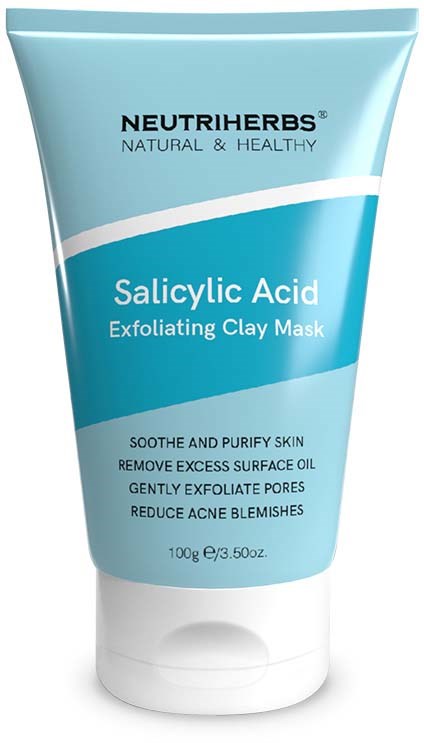 Eine blaue Tube mit "Neutriherbs" bezeichnet, enthält eine salicylsäure peelende Tonmaske für die Hautpflege.