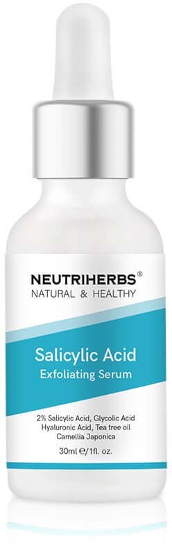 A white dropper bottle labeled 'NeutriHerbs Salicylic Acid Exfoliating Serum' with blue and black text.