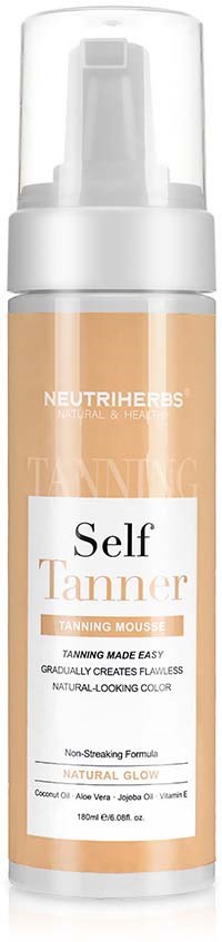 Selbstbräunungsschaumflasche, weißes und orangefarbenes Etikett, nicht-zerstörend, natürlicher Glanz, einfach anzuwenden, 100 ml.
