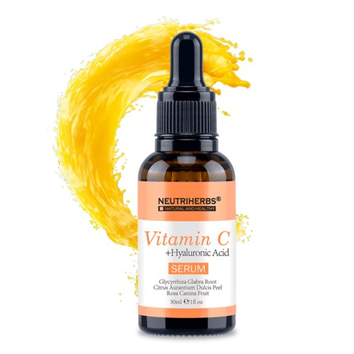 Kleine braune Flasche mit Pipette, beschriftet 'Vitamin C Serum' mit gelbem Hintergrund.