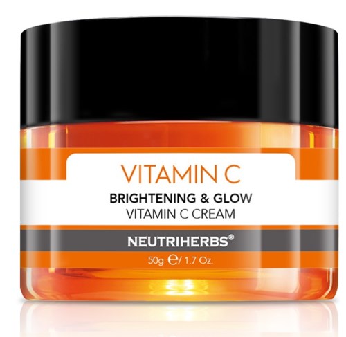 Ein Glas Neutrihers Vitamin C Creme in orange und schwarzer Verpackung zur Hautaufhellung.