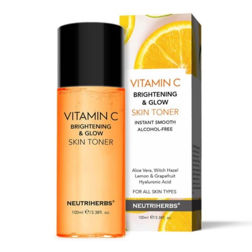 Eine Flasche und Schachtel mit Vitamin C aufhellendem Gesichtswasser mit Zitrone, Grapefruit, Aloe Vera und Hamamelis.