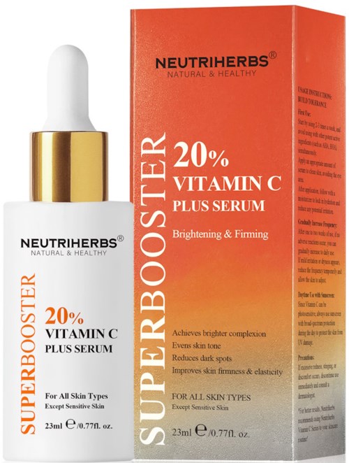 Eine weiße Flasche mit Tropfer, goldener Schimmer und schwarzem Text neben einer orangefarbenen Schachtel, beide für Vitamin C Serum.