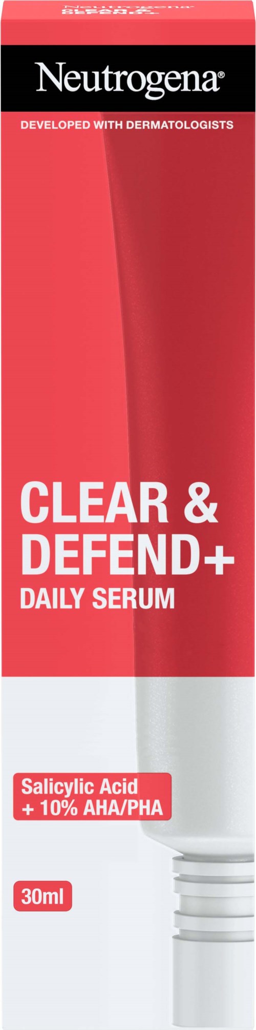 Rote Tube von Neutrogena Clear & Defend+ Tagesserum mit Salicylsäure, 30ml.