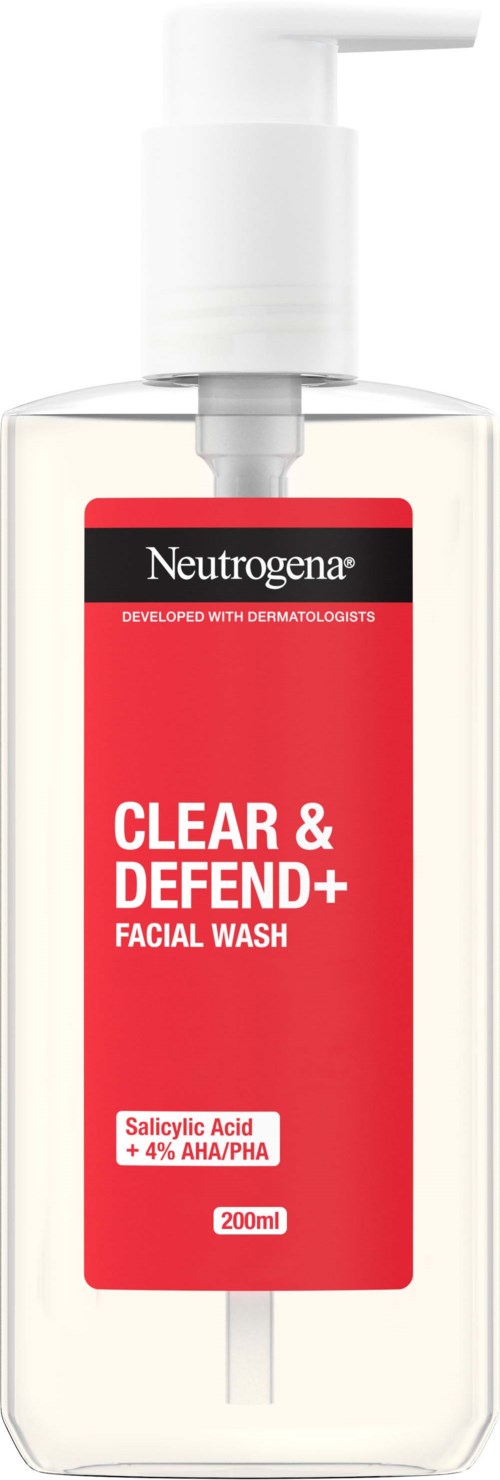 Eine Flasche Neutrogena Gesichtsreinigung mit Pumpknopf, beschriftet 'Clear & Defend+,' enthält 200ml Produkt.