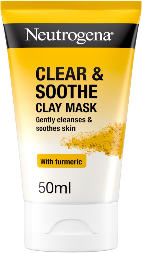 Eine Tube Neutrogena Tonerde-Maske mit dem Aufdruck "Clear & Soothe", enthält Kurkuma und dient der Hautreinigung und -beruhigung.