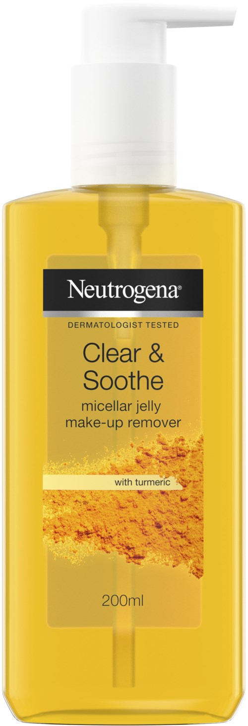 Eine gelbe Flasche mit weißem Pumpkopf, labeled Neutrogena Mizellen-Gelee zum Entfernen von Make-up, mit Kurkuma.