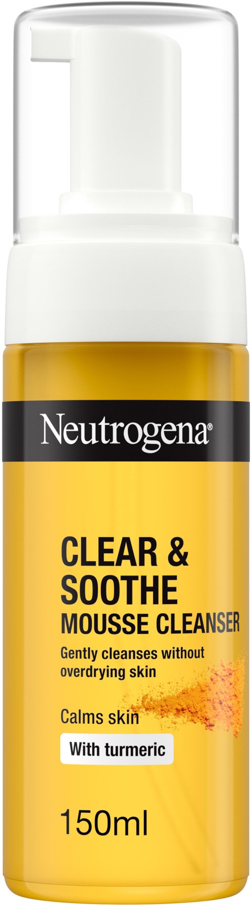 Eine Flasche Neutrogena Clear & Soothe Mousse Cleanser für beruhigende Haut, mit Kurkuma, 150ml.