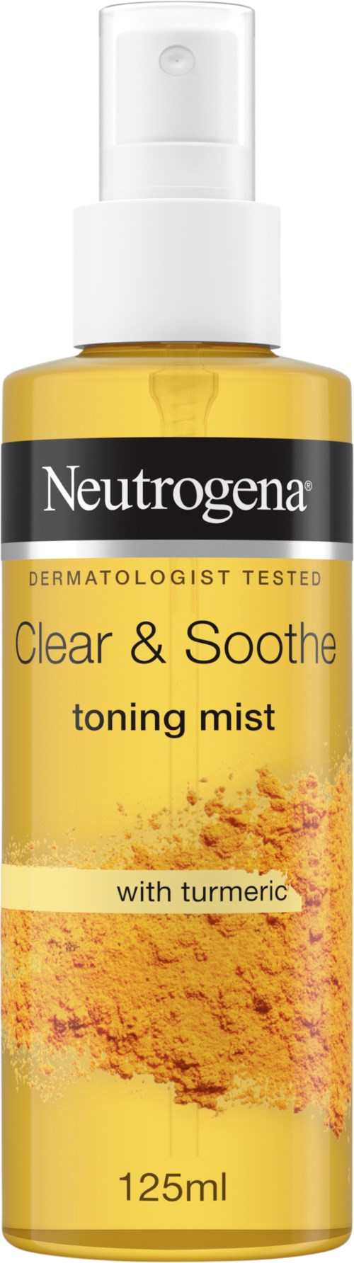 Eine gelbe Sprühflasche mit 'Neutrogena'-Label für die Haut. Es ist ein Tonungsmist mit Kurkuma, 125 ml.