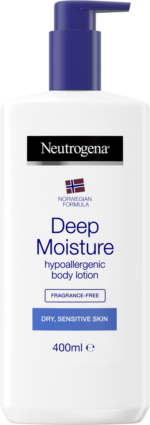 Eine weiße Flasche mit lila Pumpkopf, beschriftet 'Deep Moisture' Körperlotion für trockene, empfindliche Haut, parfümfrei, 400 ml.