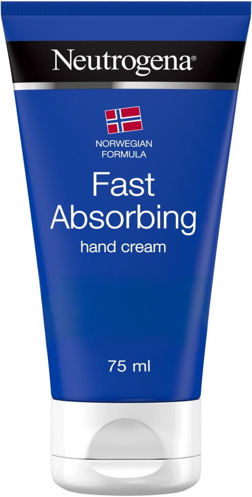 Eine blaue Tube mit 'Neutrogena'-Logo, norwegischer Flagge, als schnell absorbierende Handcreme, 75 ml.