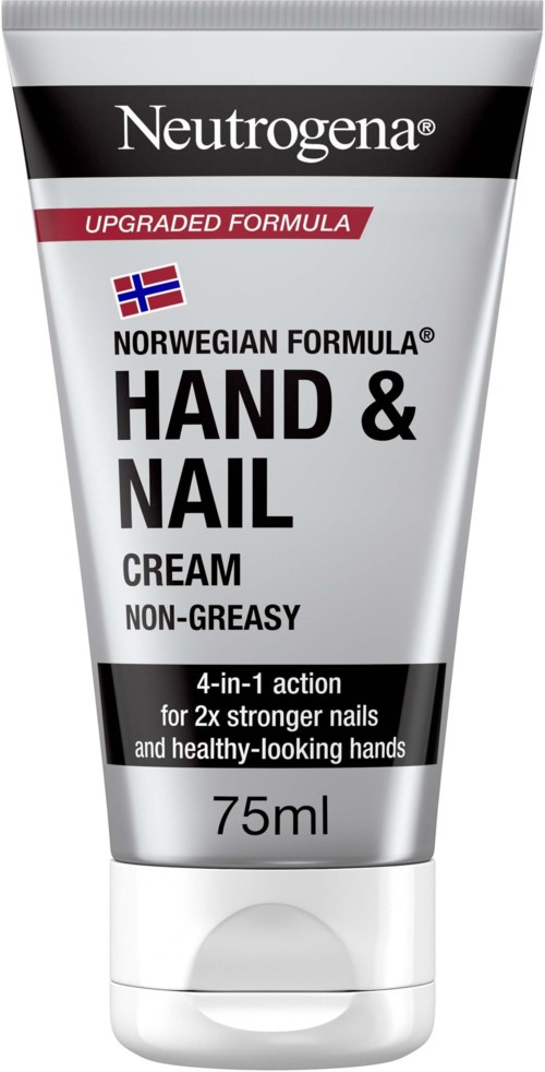 Eine Tube Neutrogena Hand- und Nagelcreme mit schwarzem, weißen und roten Etikett, zeigt 75 ml Kapazität, mit norwegischer Formel.